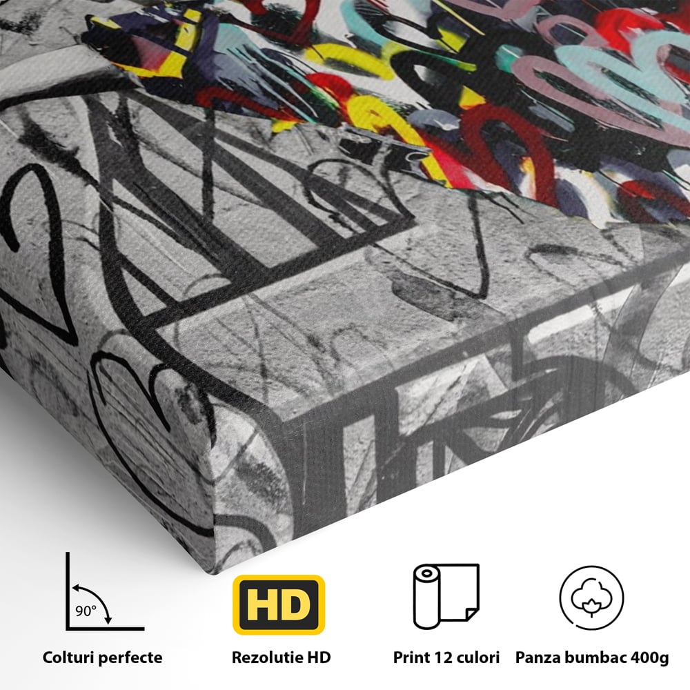 Detaliu al suprafetei: tablou canvas cu dansatoare si graffiti, fara rama, pe sasiu de lemn