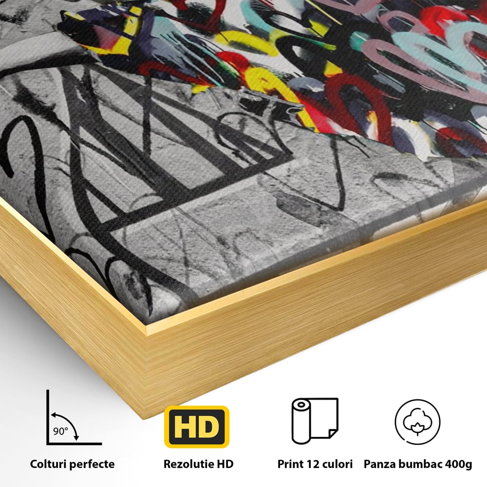Detaliu al suprafetei: tablou canvas cu dansatoare si graffiti, in rama de aluminiu auriu