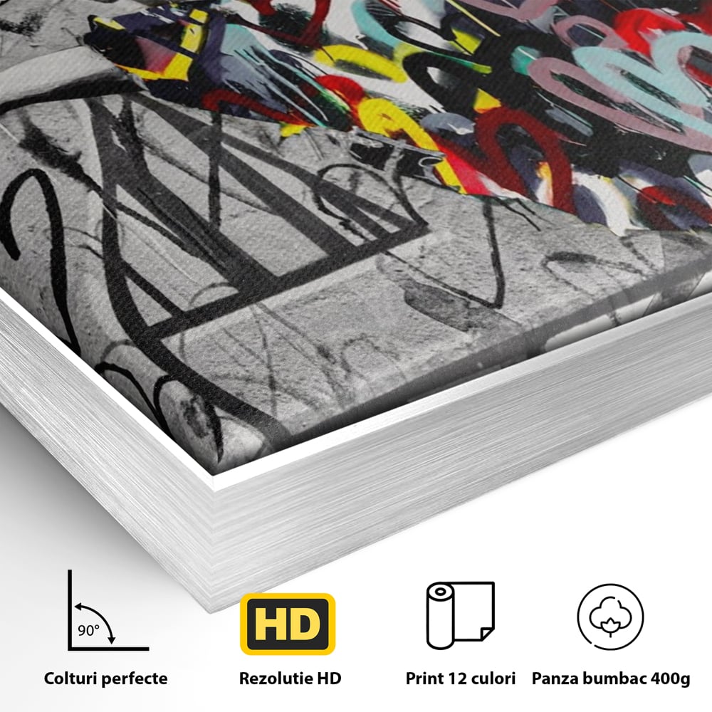 Detaliu al suprafetei: tablou canvas cu dansatoare si graffiti, in rama de aluminiu argintiu