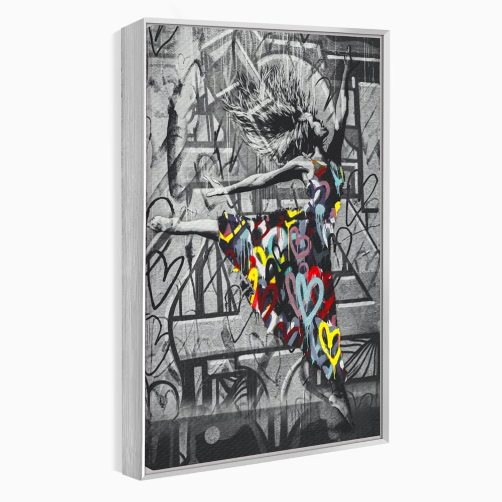 Tablou canvas cu tablou canvas cu dansatoare si graffiti, in rama de aluminiu argintiu