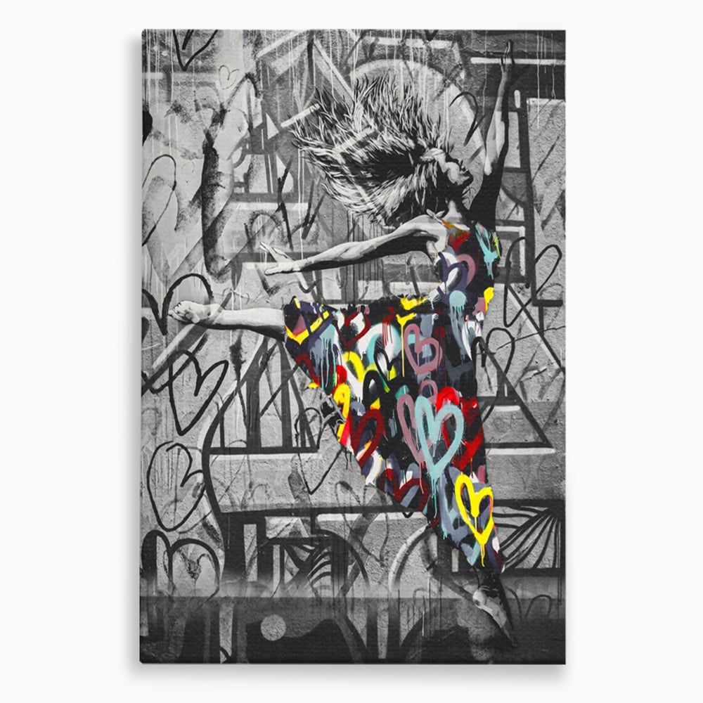 Tablou canvas cu tablou canvas cu dansatoare si graffiti, fara rama, pe sasiu de lemn