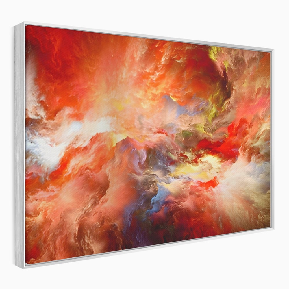 Tablou canvas cu pictura abstracta cu nori rosii, in rama de aluminiu argintiu