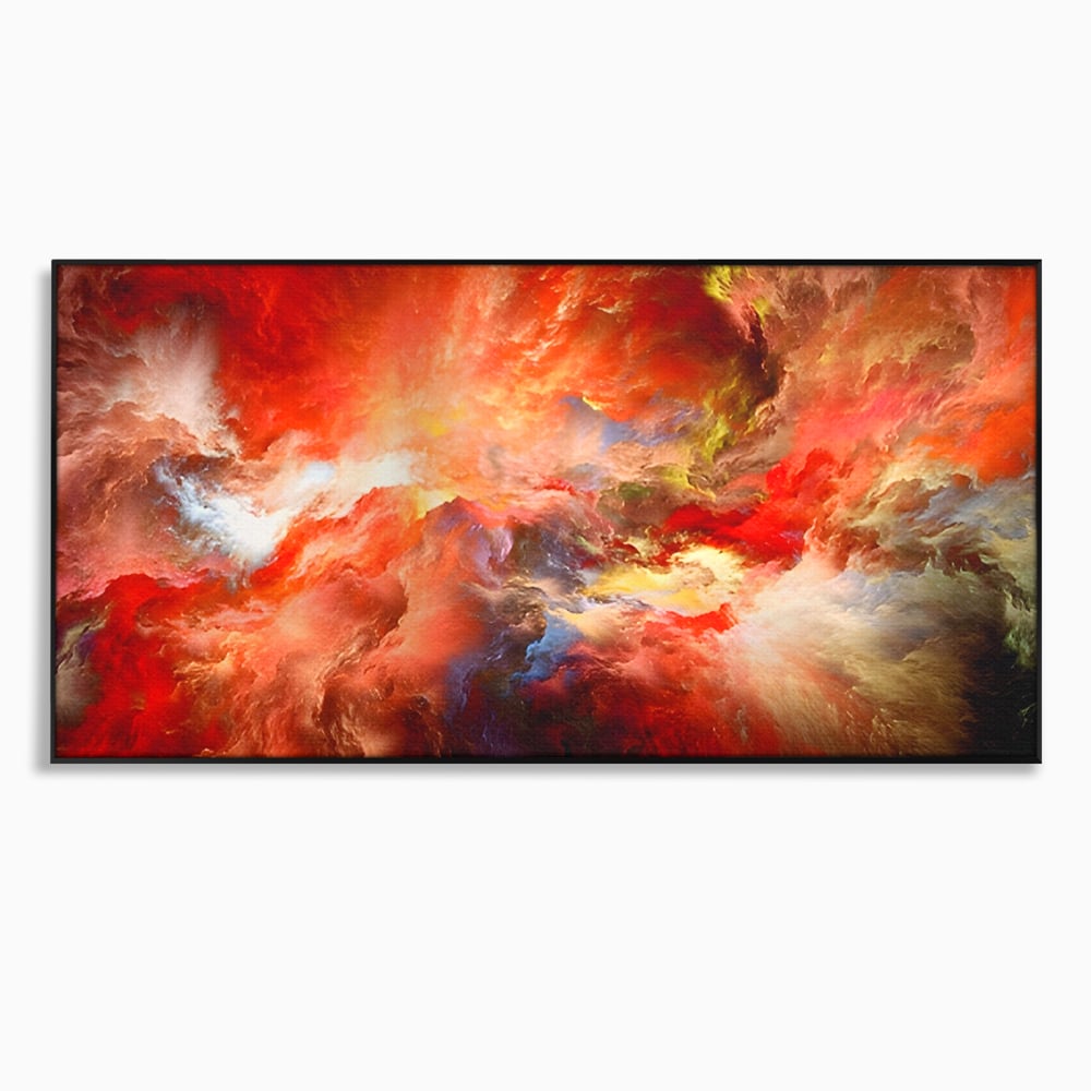 Tablou canvas cu pictura abstracta cu nori rosii, in rama de aluminiu negru