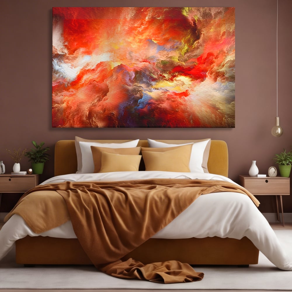 Tablou canvas cu pictura abstracta cu nori rosii, fara rama, pe sasiu de lemn, pe perete intr-un dormitor