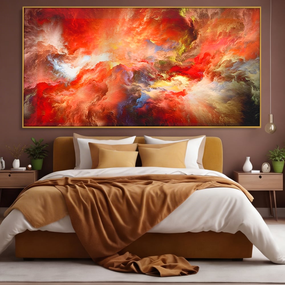 Tablou canvas cu pictura abstracta cu nori rosii, in rama de aluminiu auriu, pe perete intr-un dormitor