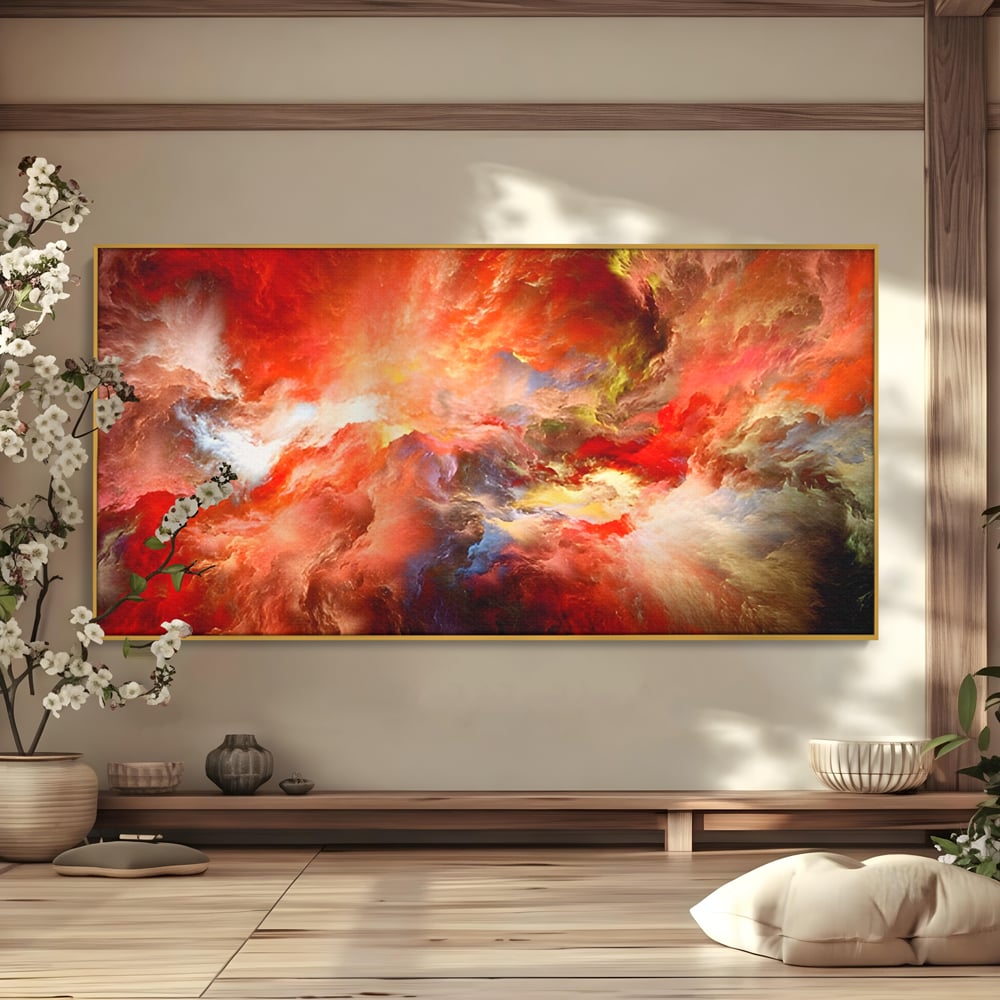 Tablou canvas cu pictura abstracta cu nori rosii, in rama de aluminiu auriu