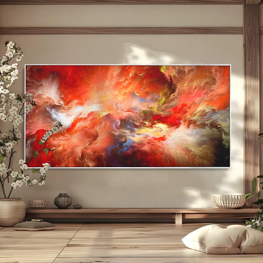 Tablou canvas cu pictura abstracta cu nori rosii, in rama de aluminiu argintiu