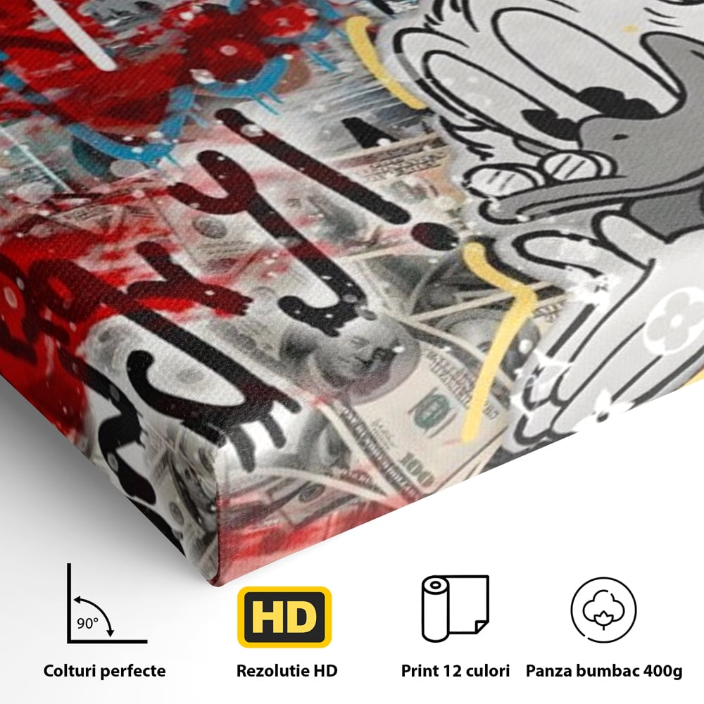 Detaliu al suprafetei: tablou canvas cu scrooge mcduck si graffiti, fara rama, pe sasiu de lemn