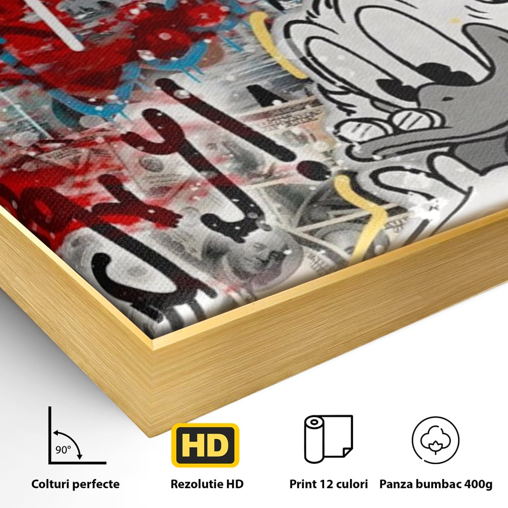 Detaliu al suprafetei: tablou canvas cu scrooge mcduck si graffiti, in rama de aluminiu auriu