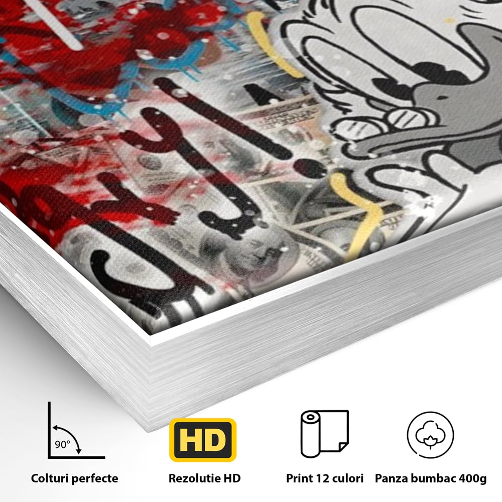Detaliu al suprafetei: tablou canvas cu scrooge mcduck si graffiti, in rama de aluminiu argintiu
