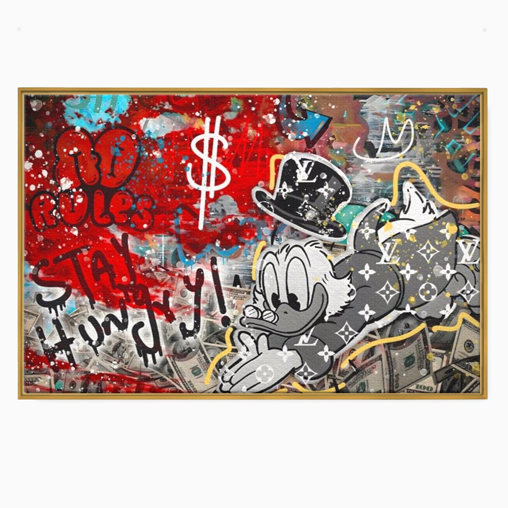 Tablou canvas cu tablou canvas cu scrooge mcduck si graffiti, in rama de aluminiu auriu