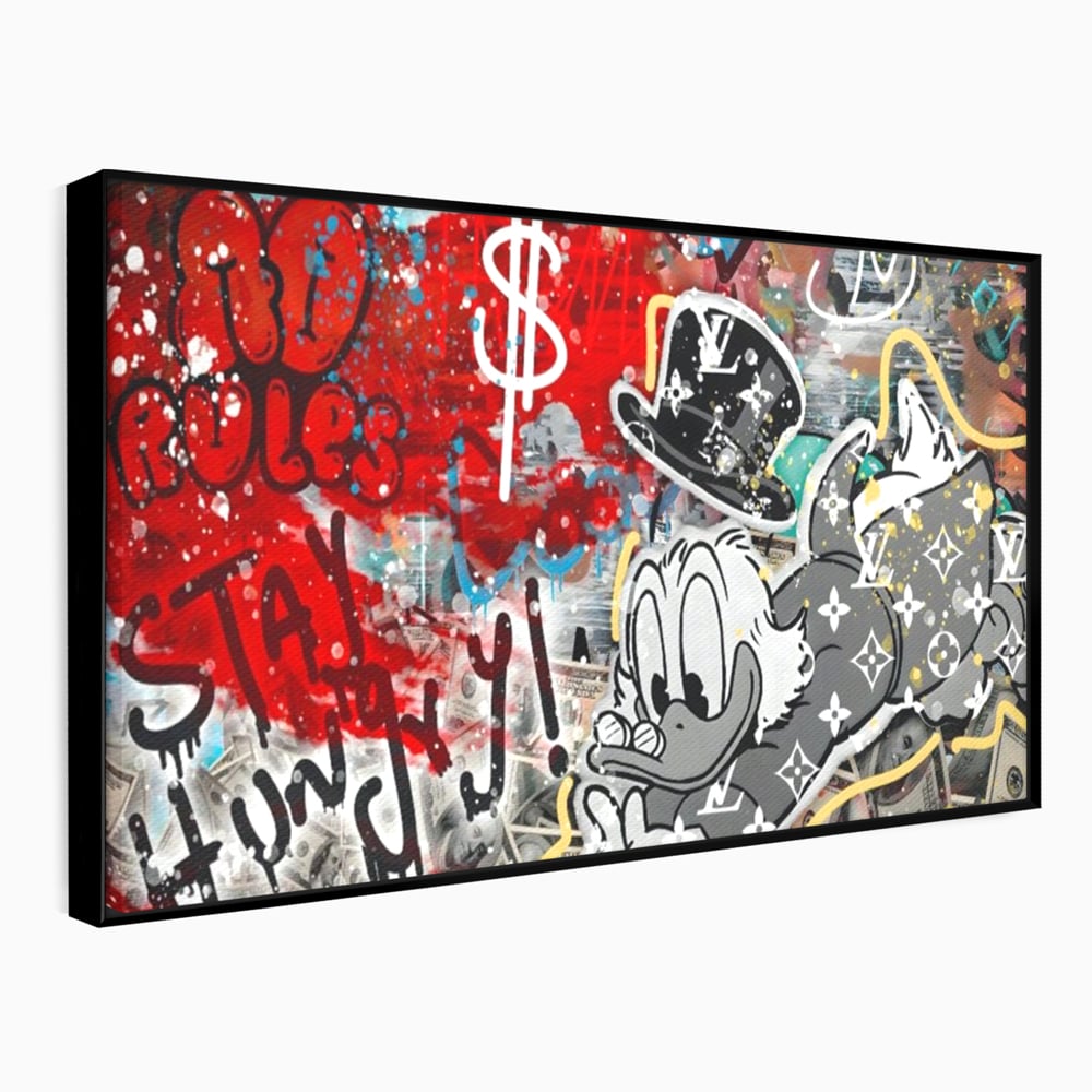 Tablou canvas cu tablou canvas cu scrooge mcduck si graffiti, in rama de aluminiu negru