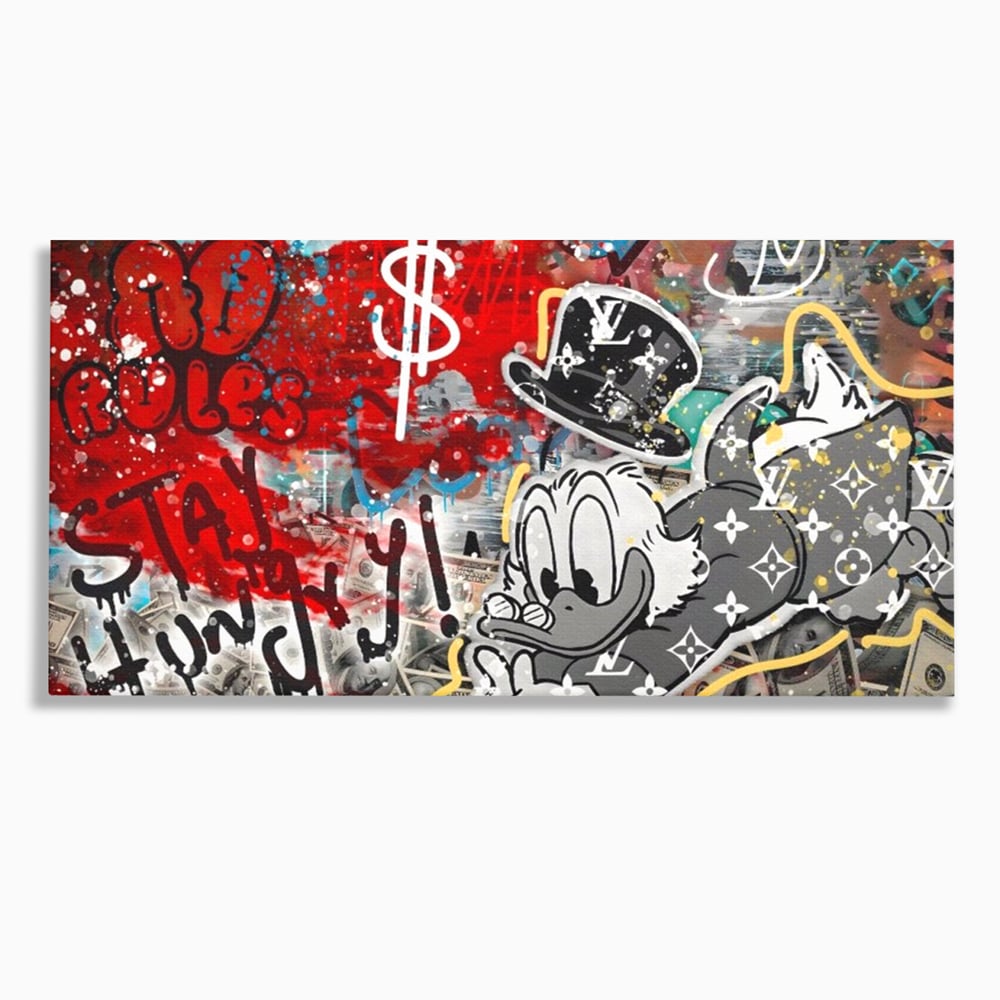 Tablou canvas cu tablou canvas cu scrooge mcduck si graffiti, fara rama, pe sasiu de lemn