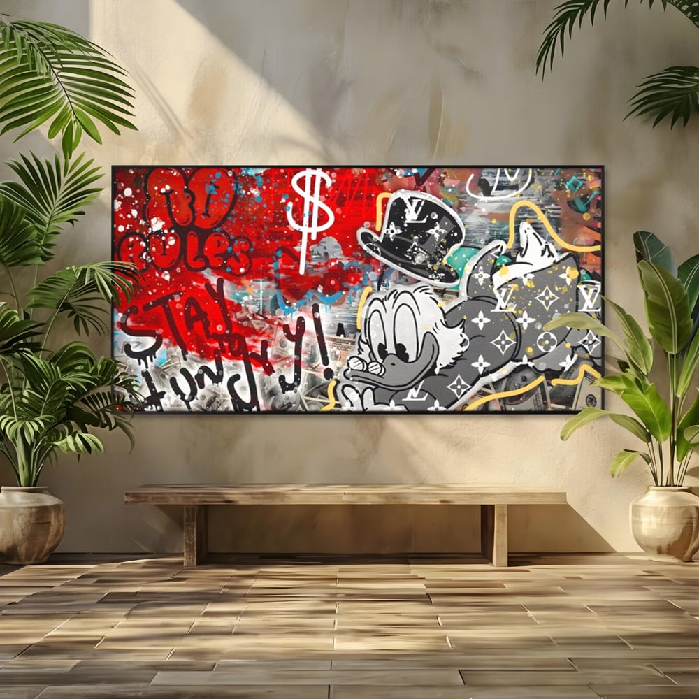 Tablou canvas cu tablou canvas cu scrooge mcduck si graffiti, in rama de aluminiu negru