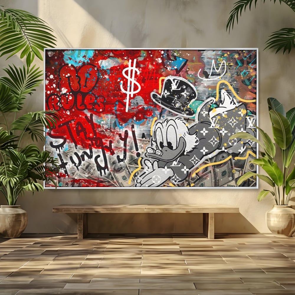 Tablou canvas cu tablou canvas cu scrooge mcduck si graffiti, in rama de aluminiu argintiu