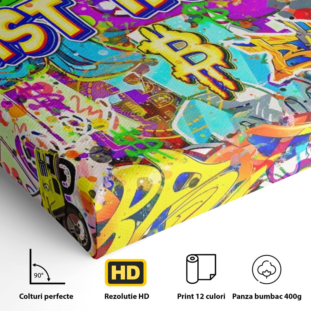 Detaliu al suprafetei: tablou canvas cu graffiti si bitcoin, fara rama, pe sasiu de lemn