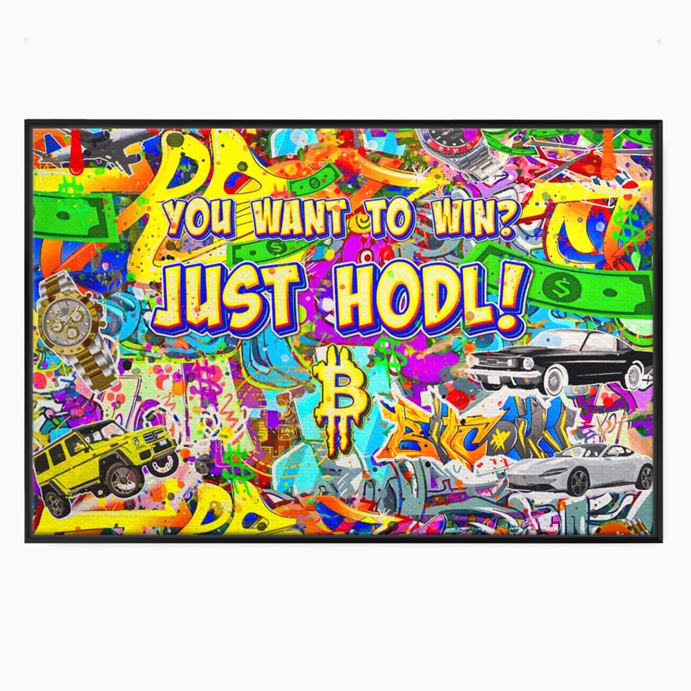 Tablou canvas cu tablou canvas cu graffiti si bitcoin, in rama de aluminiu negru