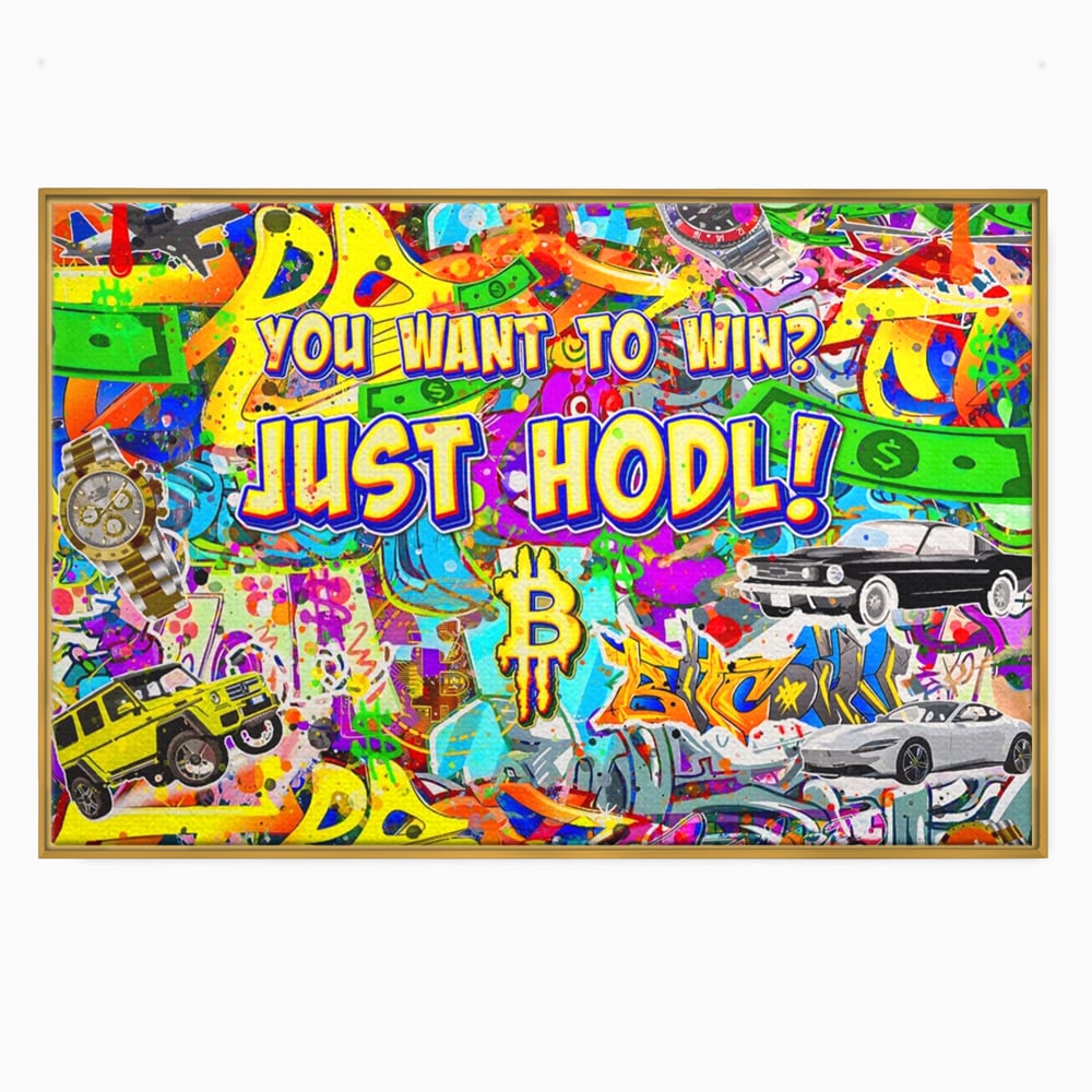 Tablou canvas cu tablou canvas cu graffiti si bitcoin, in rama de aluminiu auriu