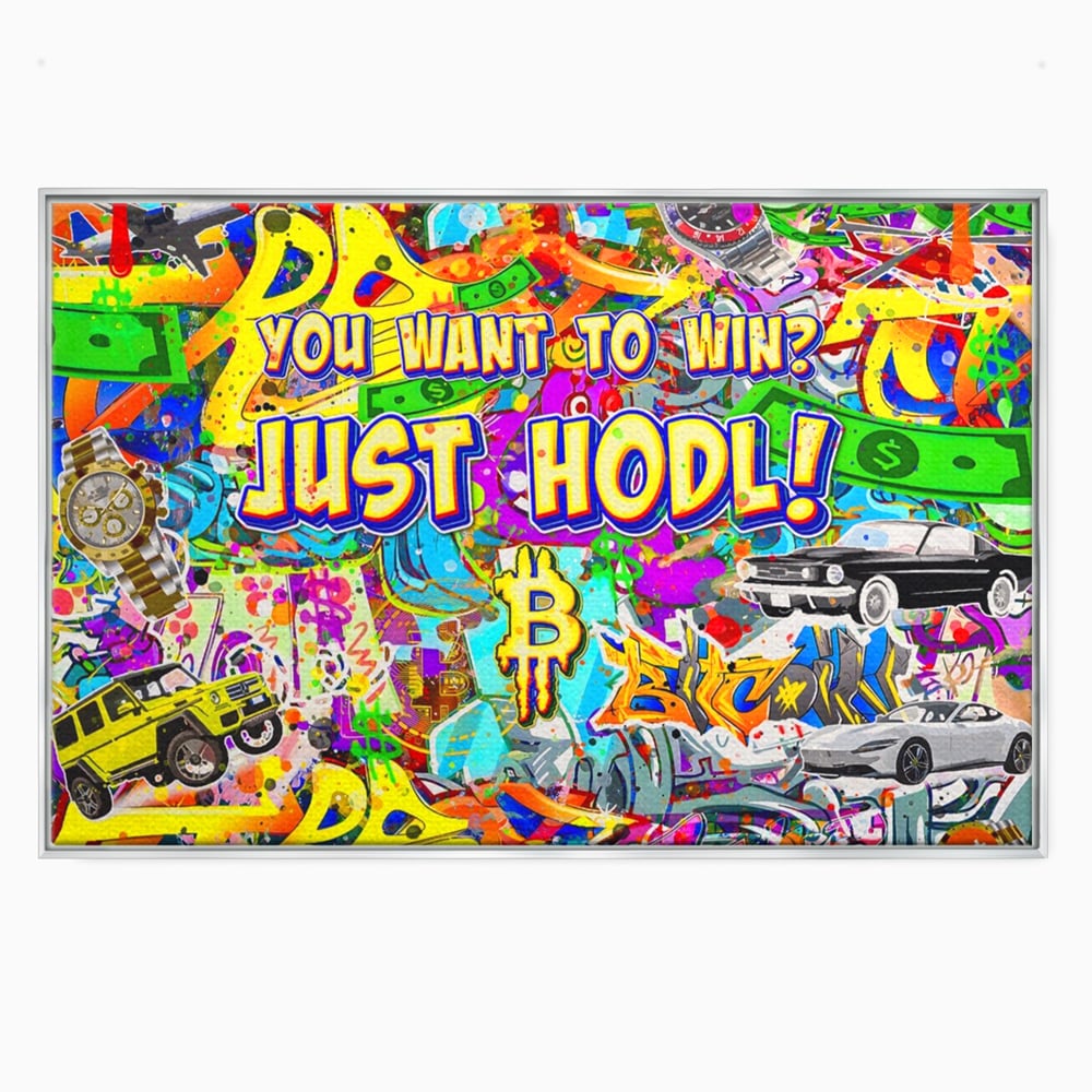 Tablou canvas cu tablou canvas cu graffiti si bitcoin, in rama de aluminiu argintiu