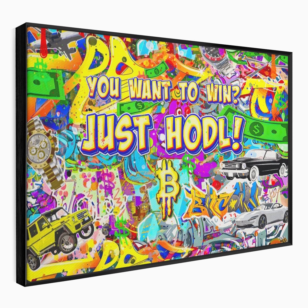 Tablou canvas cu tablou canvas cu graffiti si bitcoin, in rama de aluminiu negru