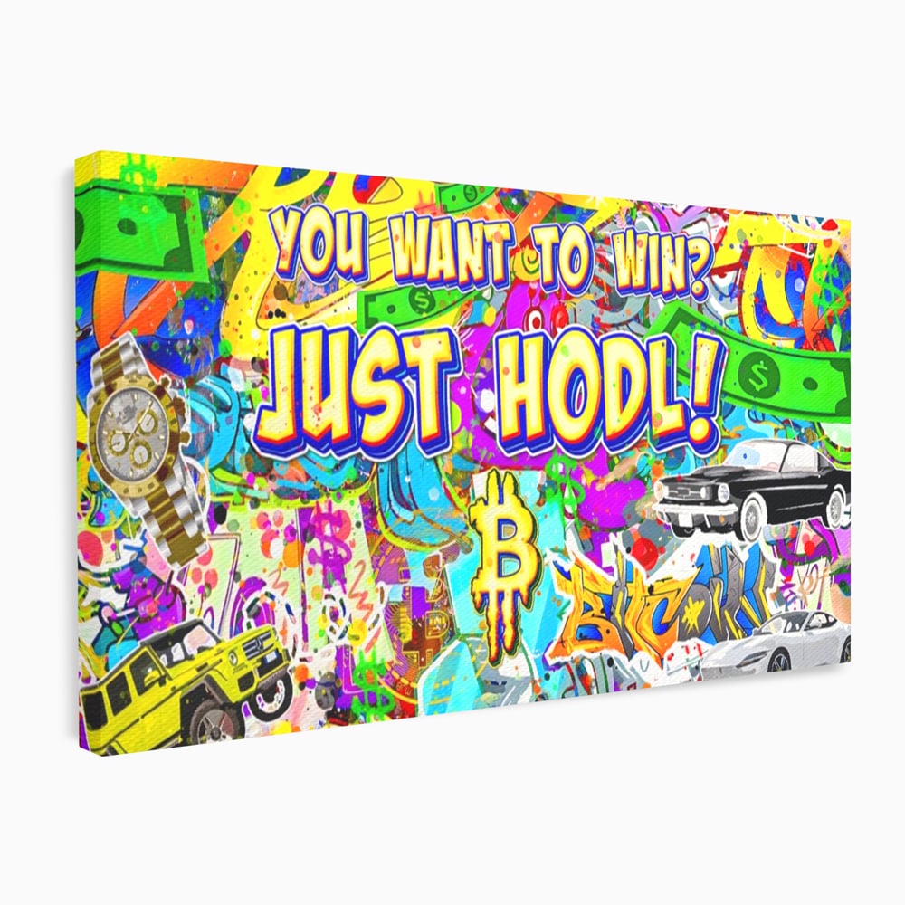 Tablou canvas cu tablou canvas cu graffiti si bitcoin, fara rama, pe sasiu de lemn