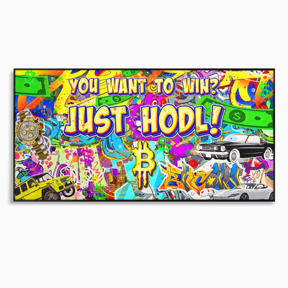 Tablou canvas cu tablou canvas cu graffiti si bitcoin, in rama de aluminiu negru