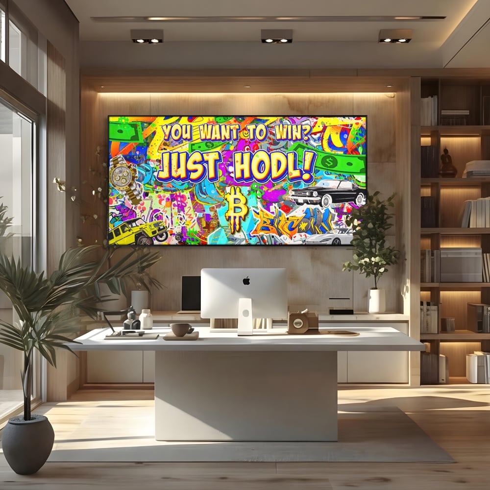 Tablou canvas cu tablou canvas cu graffiti si bitcoin, in rama de aluminiu negru, pe perete intr-un birou