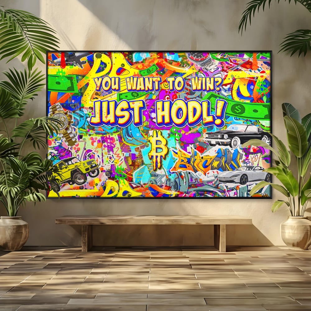 Tablou canvas cu tablou canvas cu graffiti si bitcoin, in rama de aluminiu negru