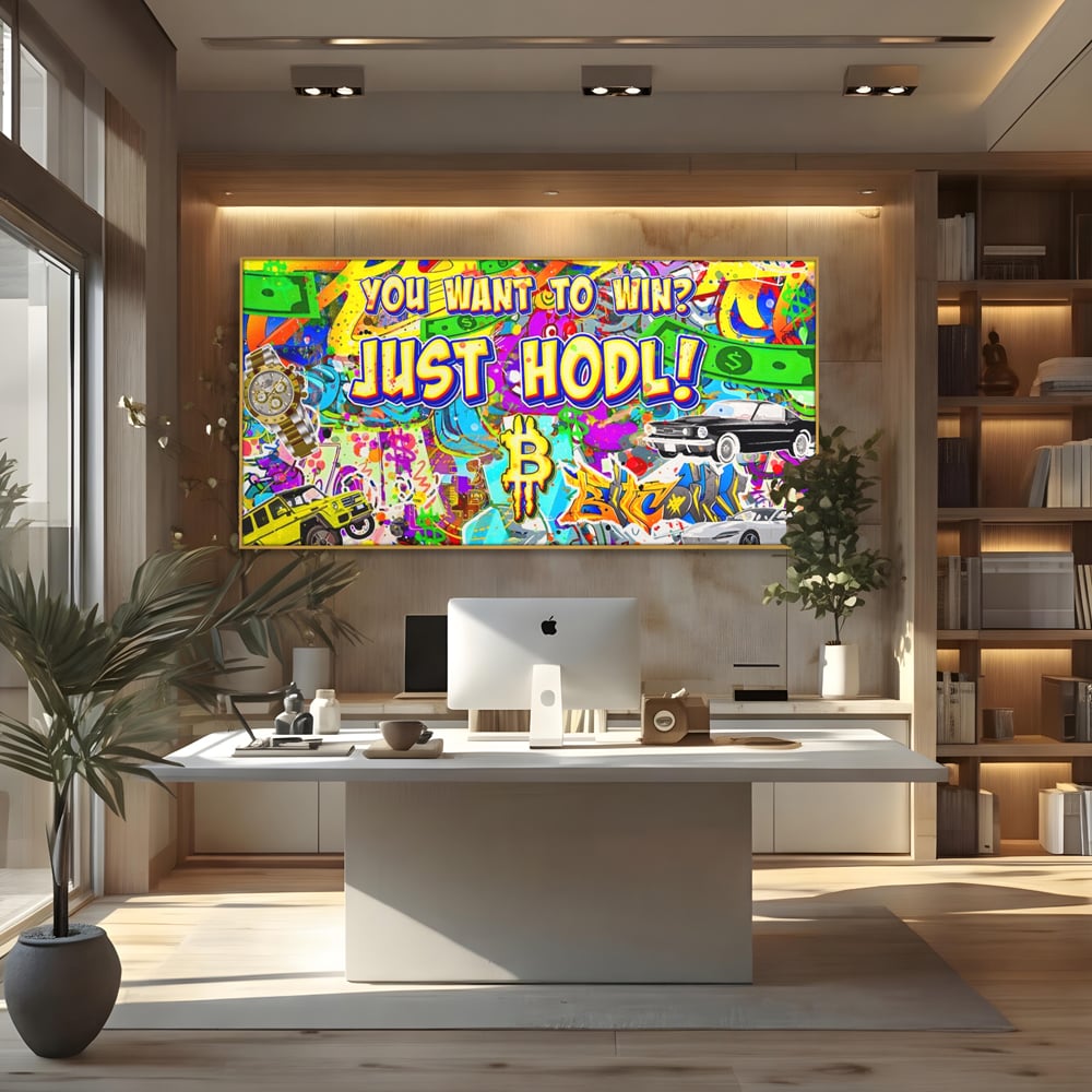 Tablou canvas cu tablou canvas cu graffiti si bitcoin, in rama de aluminiu auriu, pe perete intr-un birou