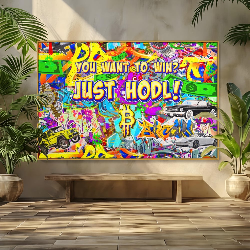 Tablou canvas cu tablou canvas cu graffiti si bitcoin, in rama de aluminiu auriu