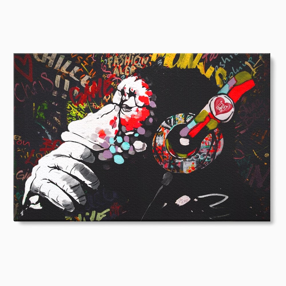Tablou canvas cu tablou canvas cu maimuta dj, fara rama, pe sasiu de lemn