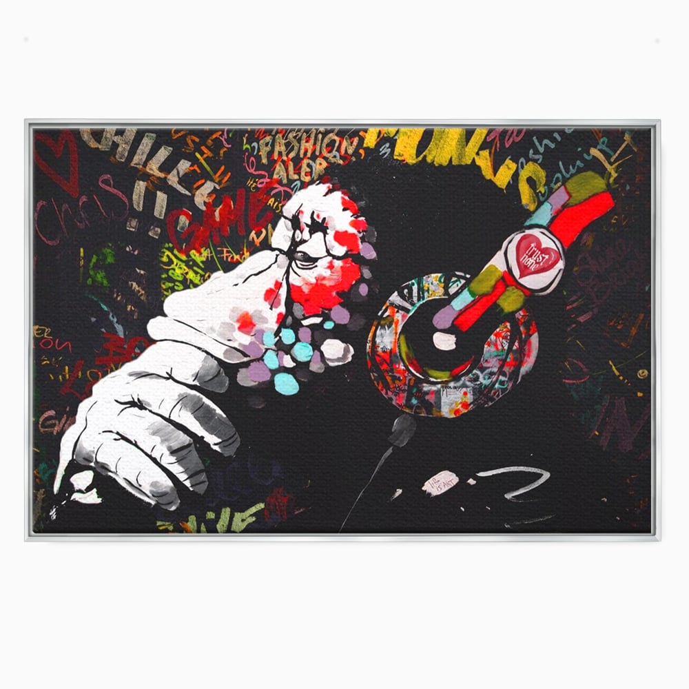 Tablou canvas cu tablou canvas cu maimuta dj, in rama de aluminiu argintiu