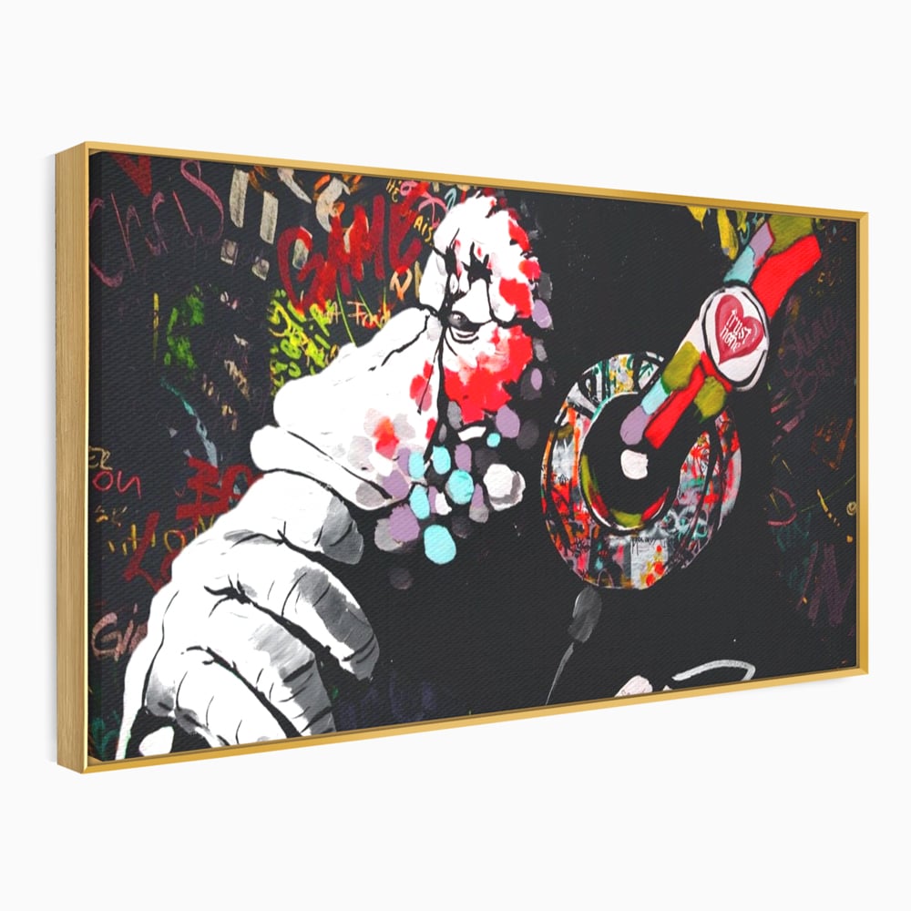 Tablou canvas cu tablou canvas cu maimuta dj, in rama de aluminiu auriu