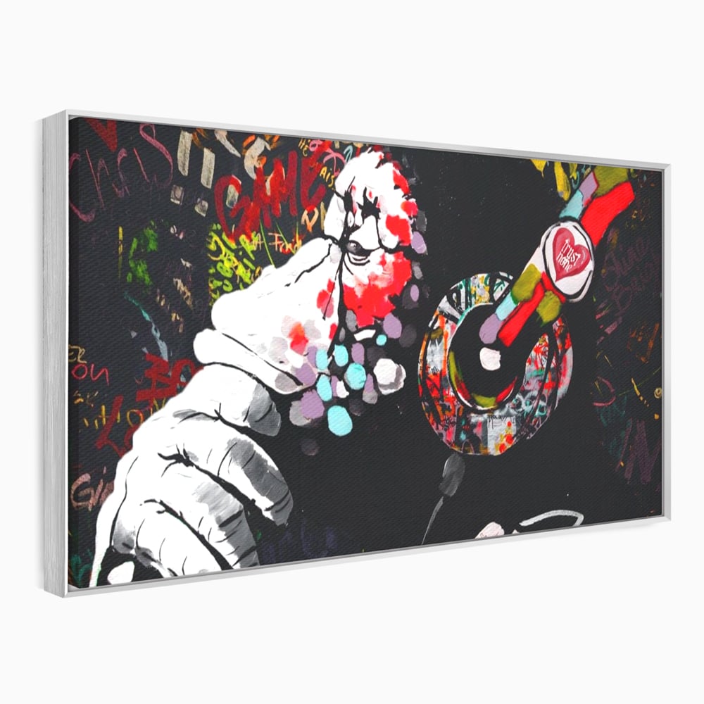 Tablou canvas cu tablou canvas cu maimuta dj, in rama de aluminiu argintiu