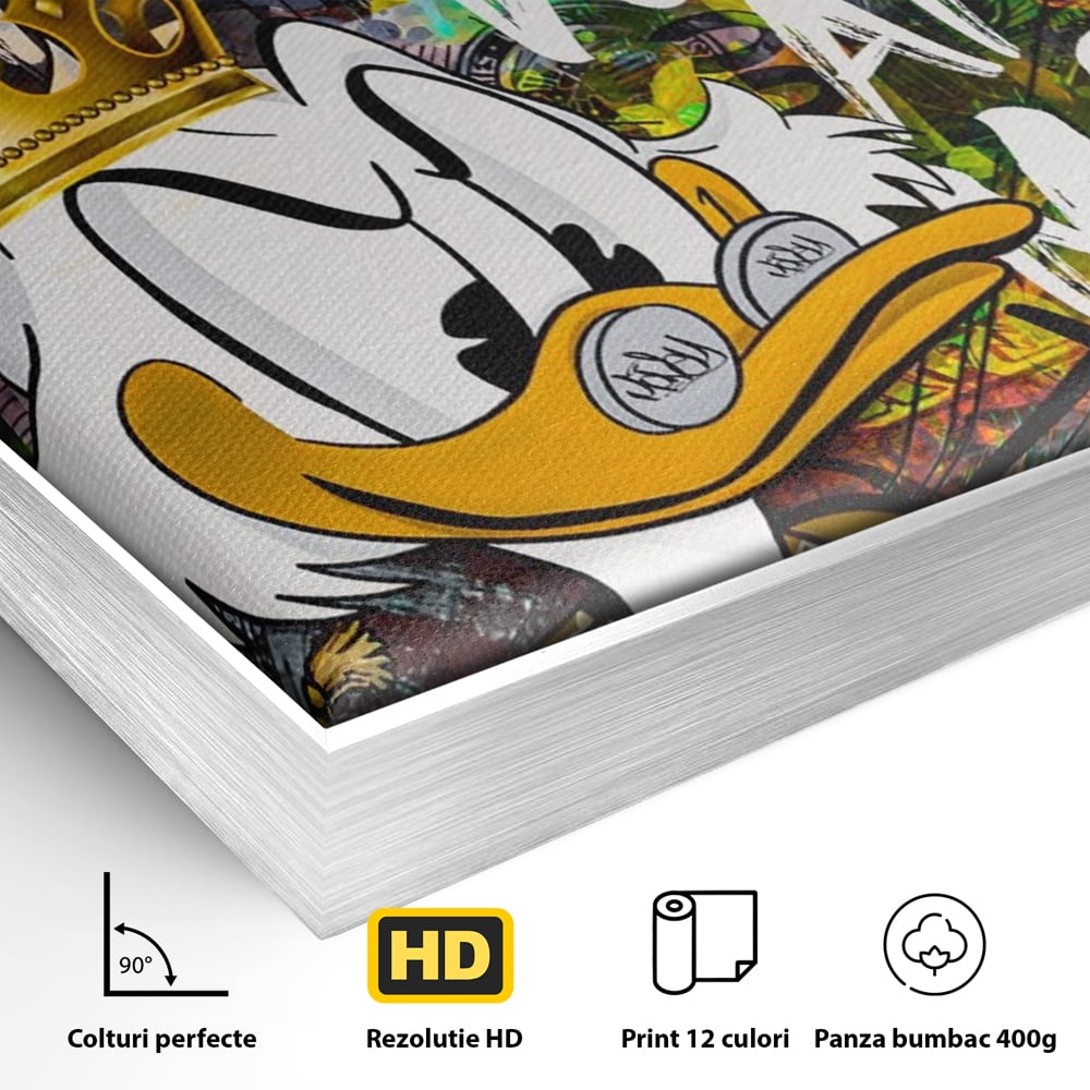 Detaliu al suprafetei: tablou canvas cu scrooge mcduck si bani, in rama de aluminiu argintiu
