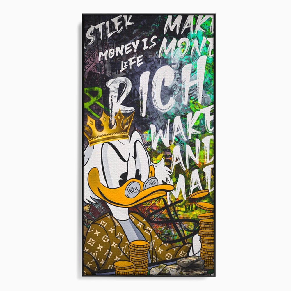 Tablou canvas cu tablou canvas cu scrooge mcduck si bani, in rama de aluminiu negru