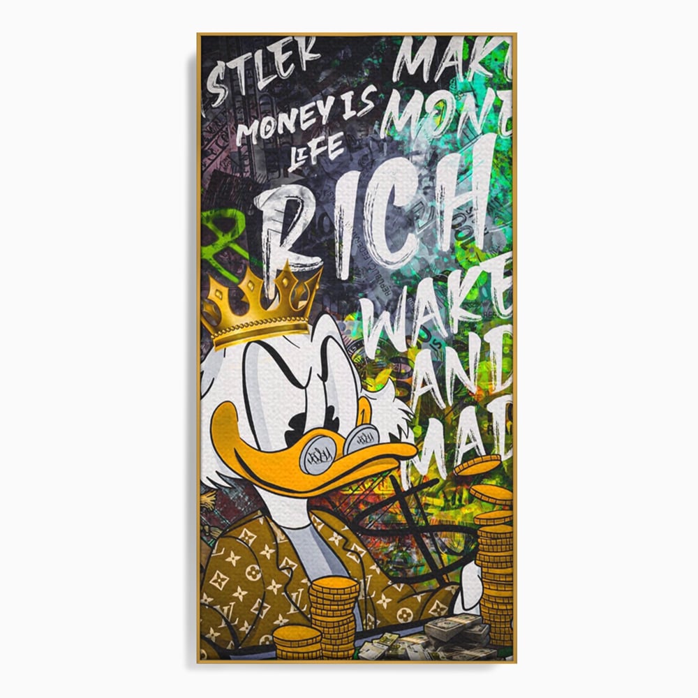 Tablou canvas cu tablou canvas cu scrooge mcduck si bani, in rama de aluminiu auriu