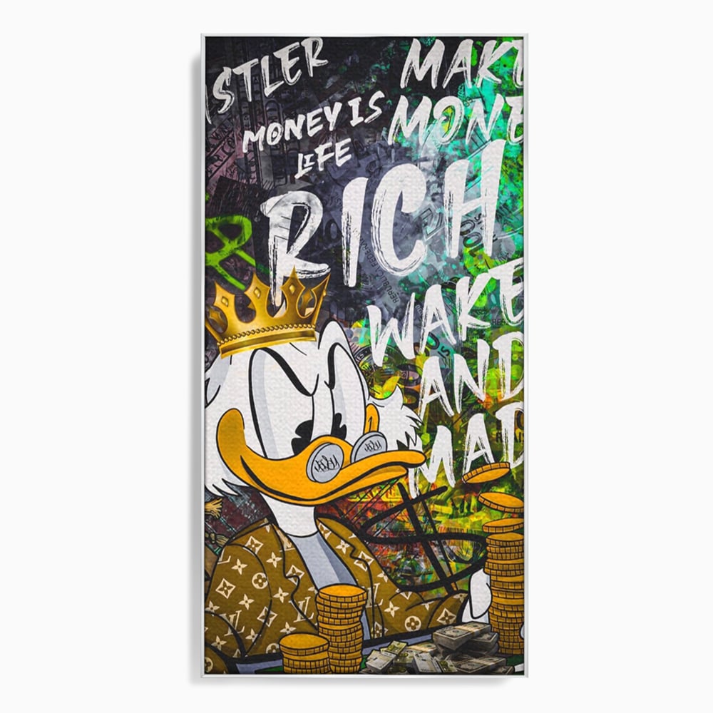 Tablou canvas cu tablou canvas cu scrooge mcduck si bani, in rama de aluminiu argintiu