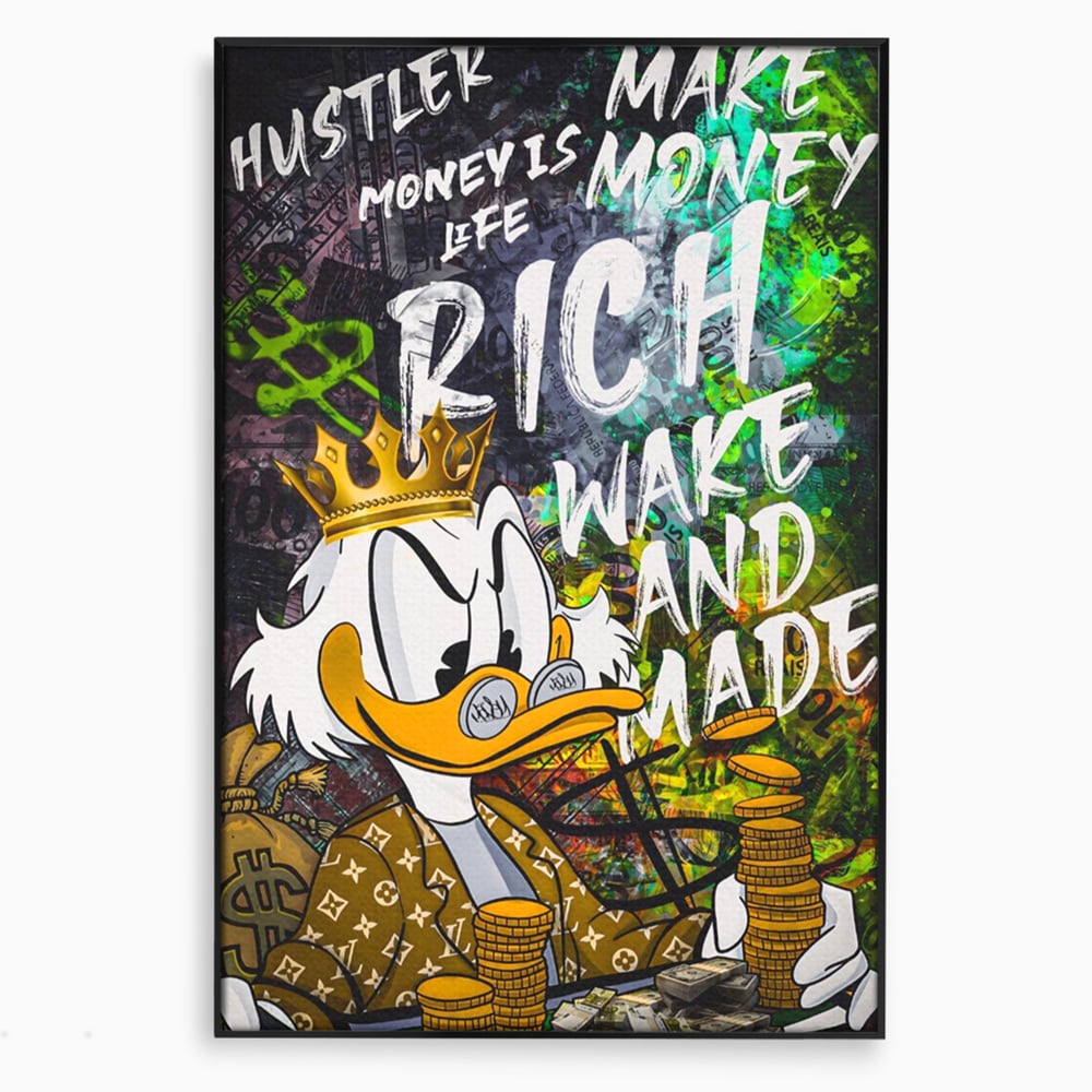 Tablou canvas cu tablou canvas cu scrooge mcduck si bani, in rama de aluminiu negru