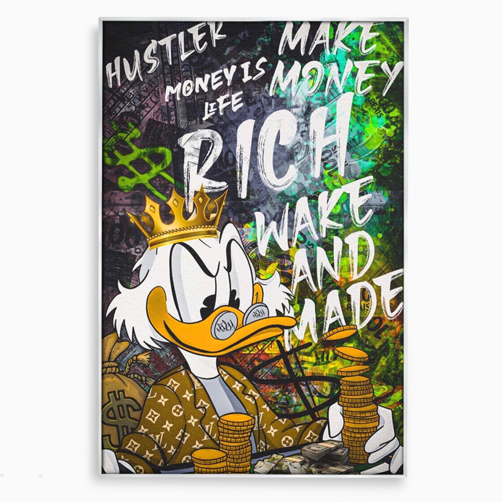 Tablou canvas cu tablou canvas cu scrooge mcduck si bani, in rama de aluminiu argintiu