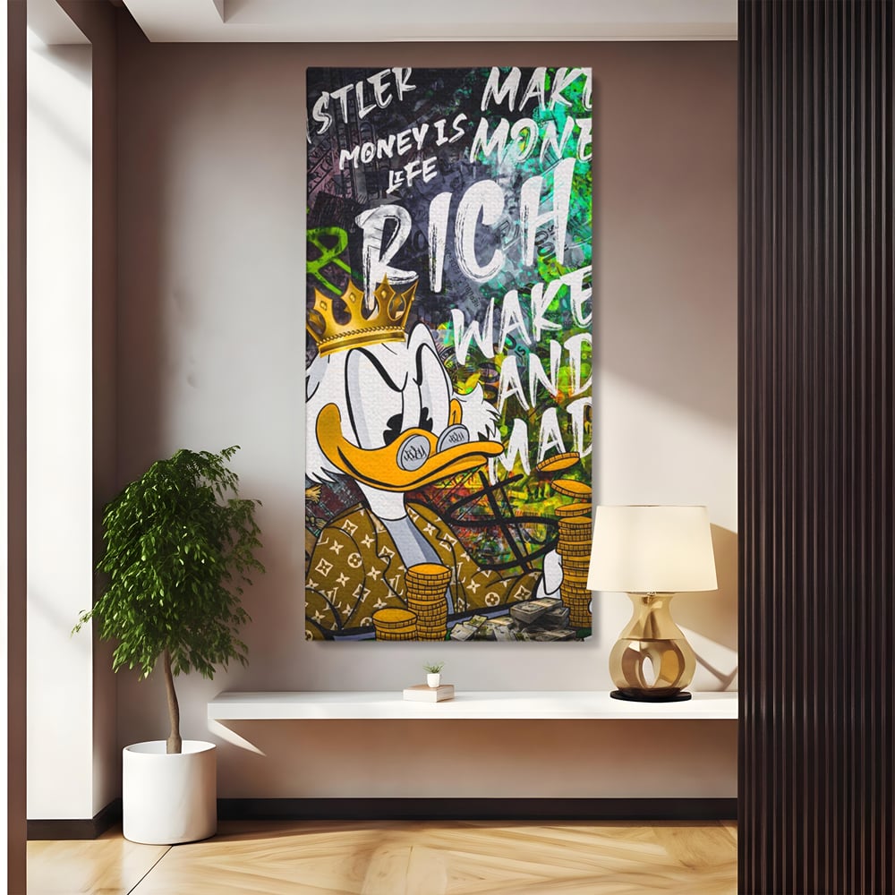 Tablou canvas cu tablou canvas cu scrooge mcduck si bani, fara rama, pe sasiu de lemn