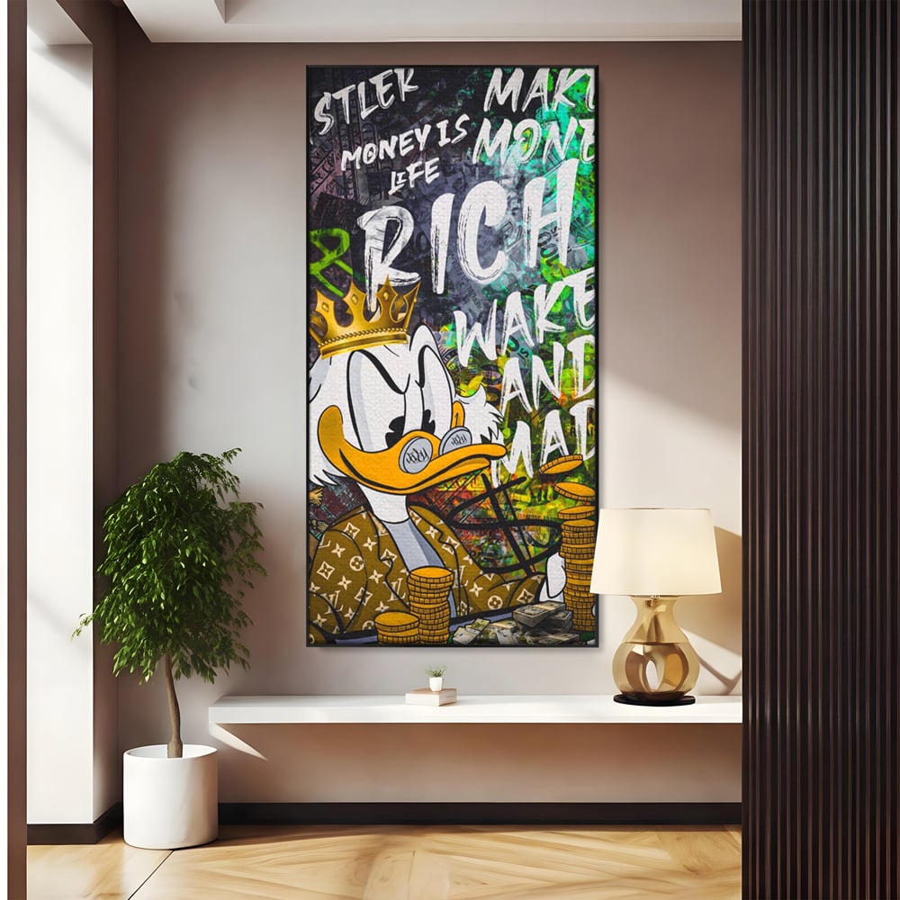 Tablou canvas cu tablou canvas cu scrooge mcduck si bani, in rama de aluminiu negru