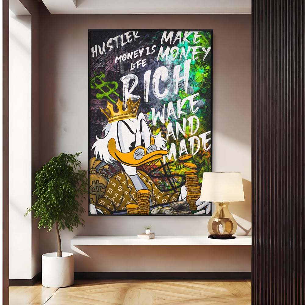 Tablou canvas cu tablou canvas cu scrooge mcduck si bani, in rama de aluminiu negru