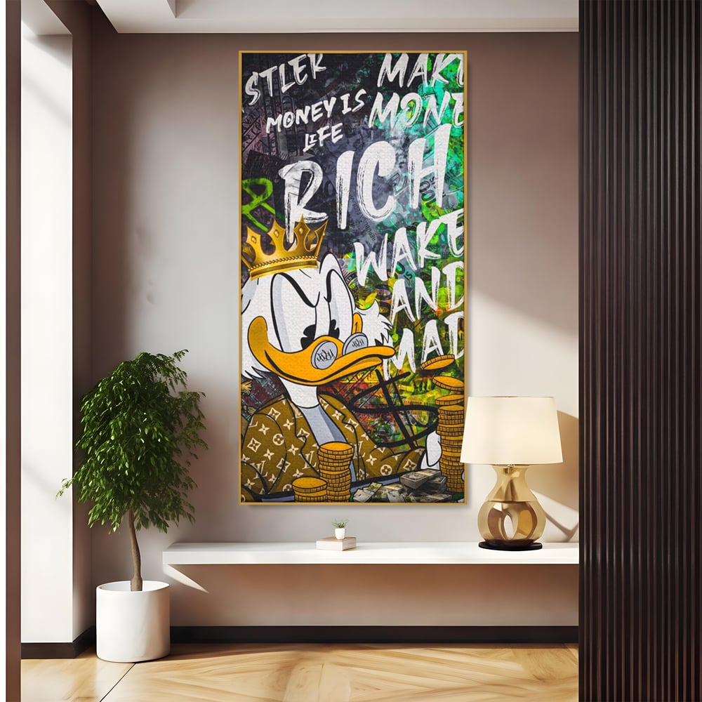 Tablou canvas cu tablou canvas cu scrooge mcduck si bani, in rama de aluminiu auriu