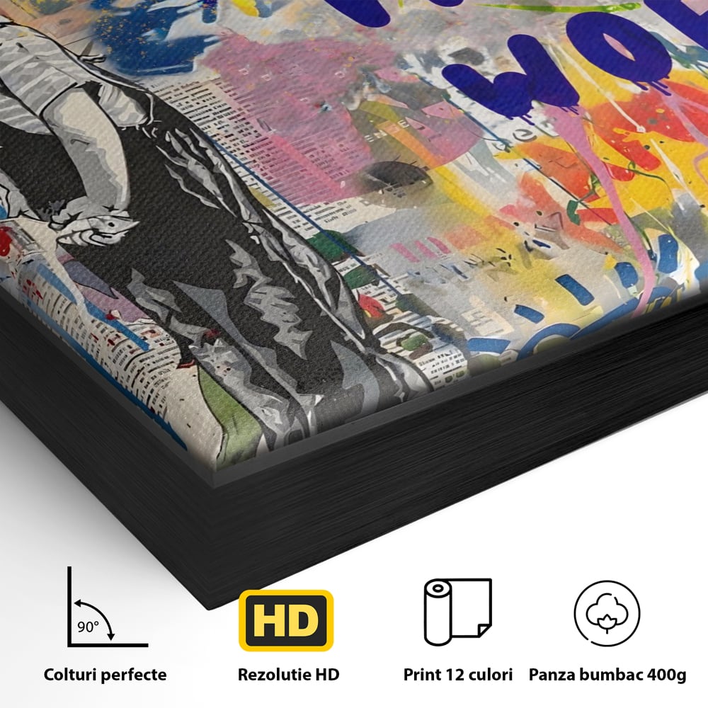 Detaliu al suprafetei: tablou canvas cu mesaj motivational, in rama de aluminiu negru
