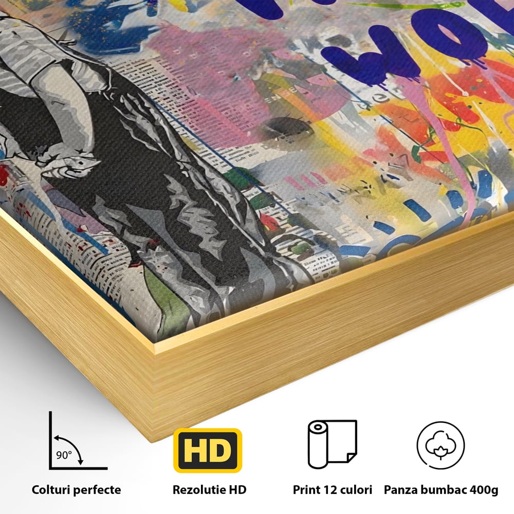 Detaliu al suprafetei: tablou canvas cu mesaj motivational, in rama de aluminiu auriu