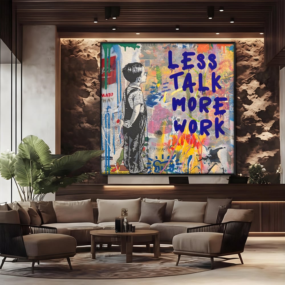 Tablou canvas cu tablou canvas cu mesaj motivational, in rama de aluminiu negru, pe perete intr-un birou