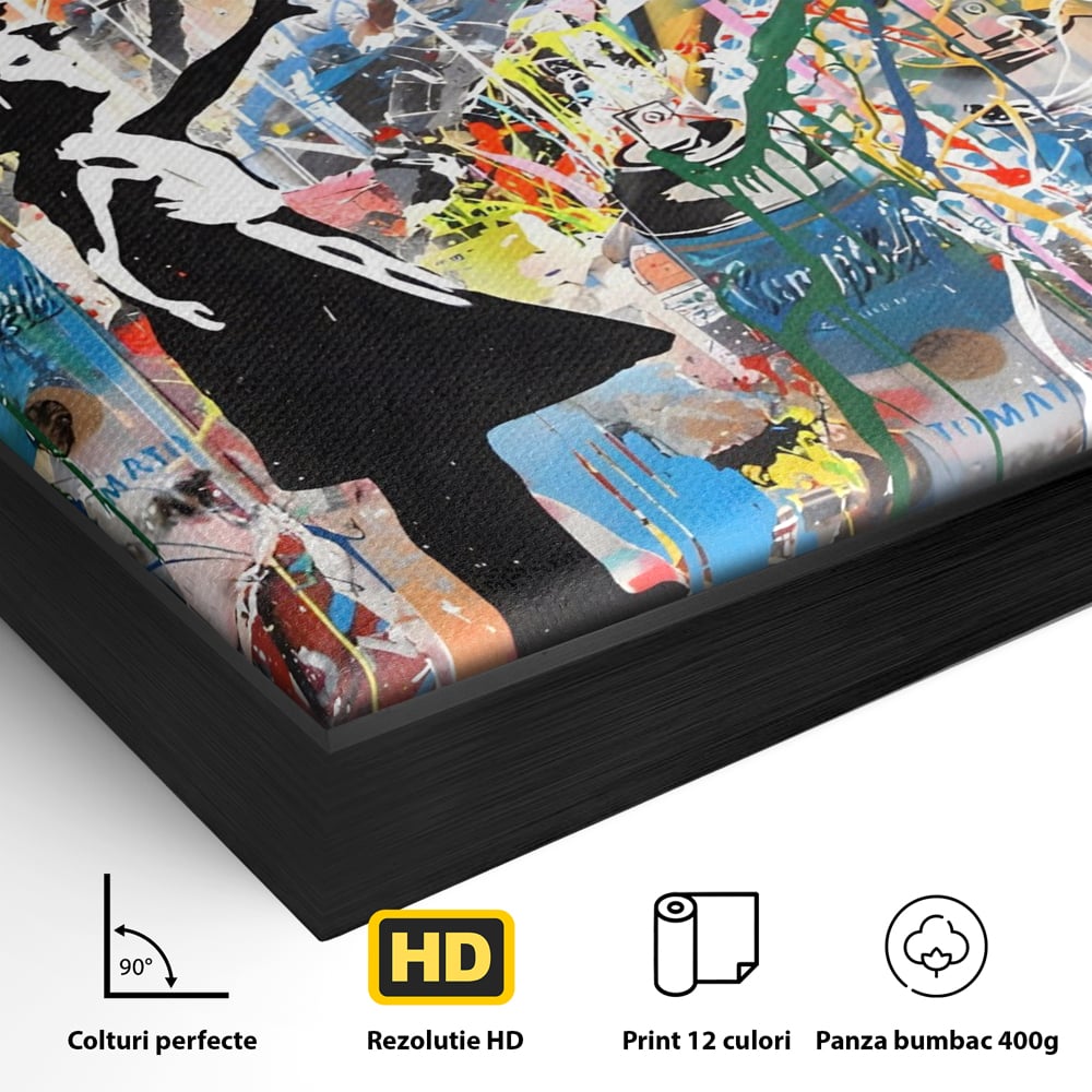 Detaliu al suprafetei: tablou canvas cu silueta de copil si inima rosie, in rama de aluminiu negru