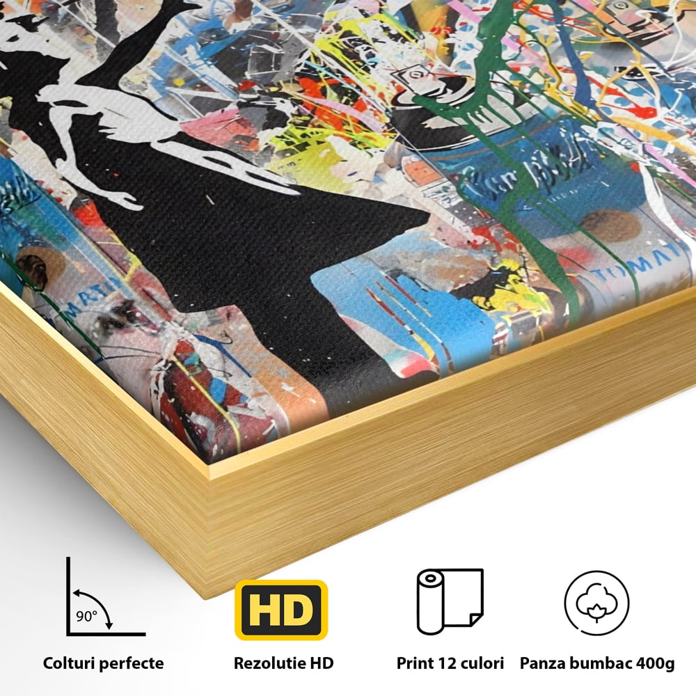 Detaliu al suprafetei: tablou canvas cu silueta de copil si inima rosie, in rama de aluminiu auriu