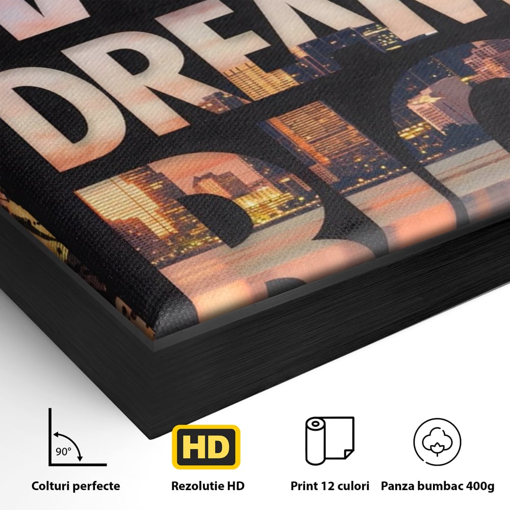 Detaliu al suprafetei: tablou motivational cu peisaj urban nocturn, in rama de aluminiu negru